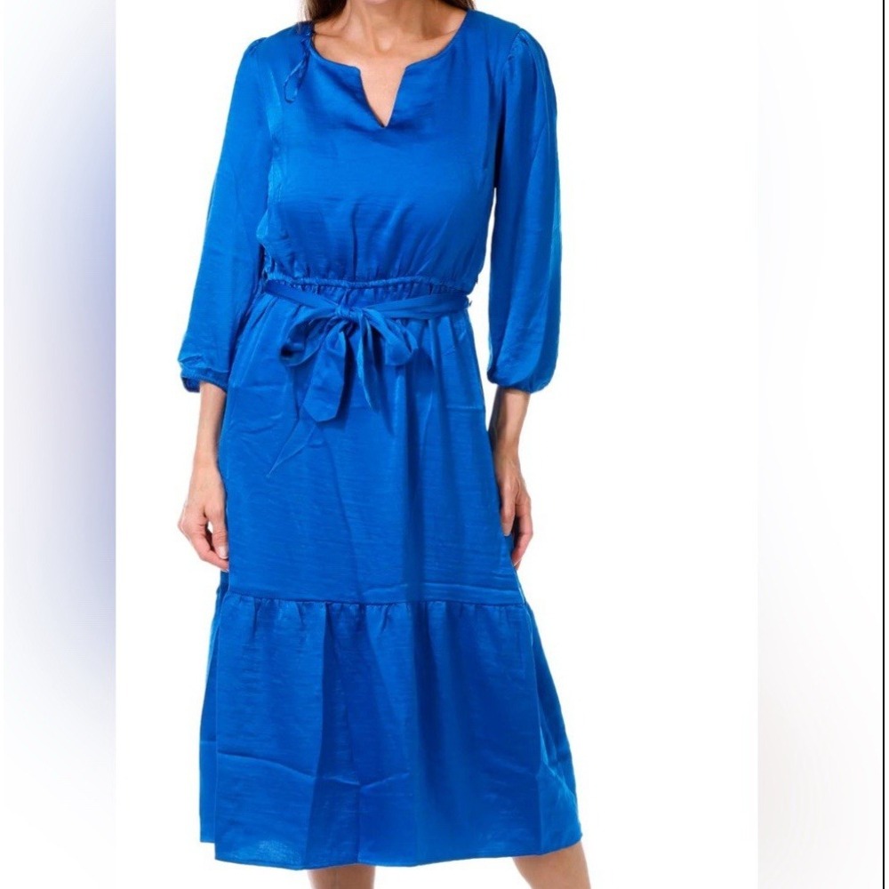 NEW Lucky Brand Royal Blue 3/4 Sleeve V-neck Satin Midi Tie Waist Dress L